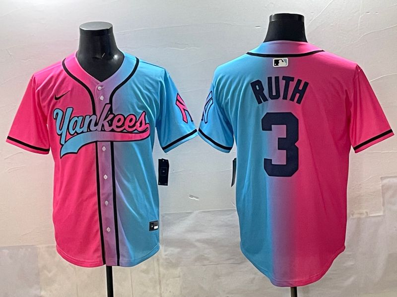 Men New York Yankees 3 Ruth Blue pink Game 2025 Nike MLB Jersey style 001